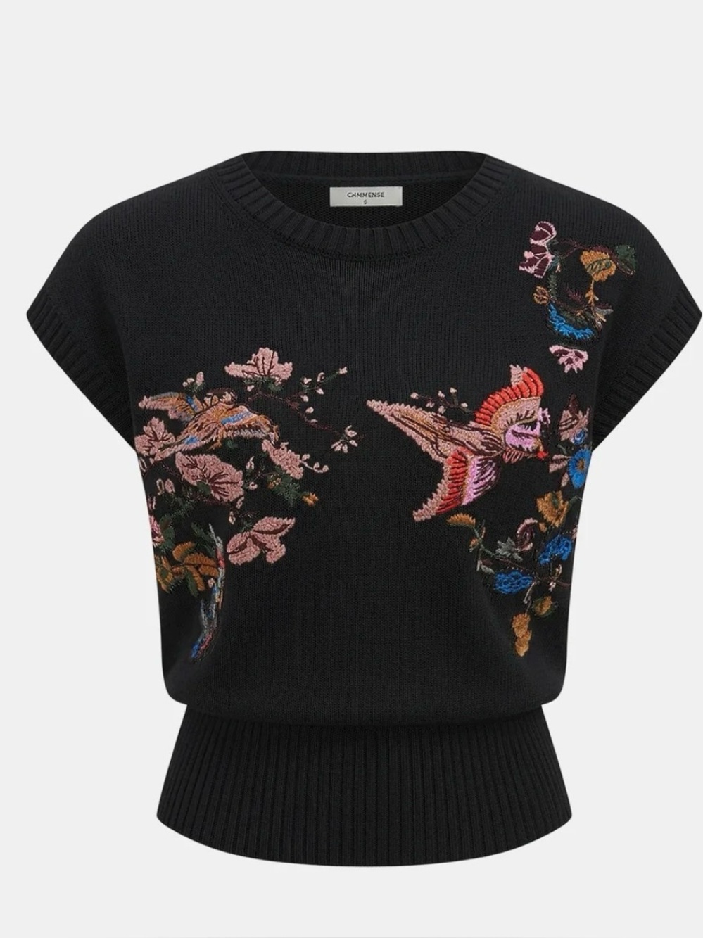 Commense Embroidered Floral Bird Knit Sweater Vest Black Size S Cottagecore